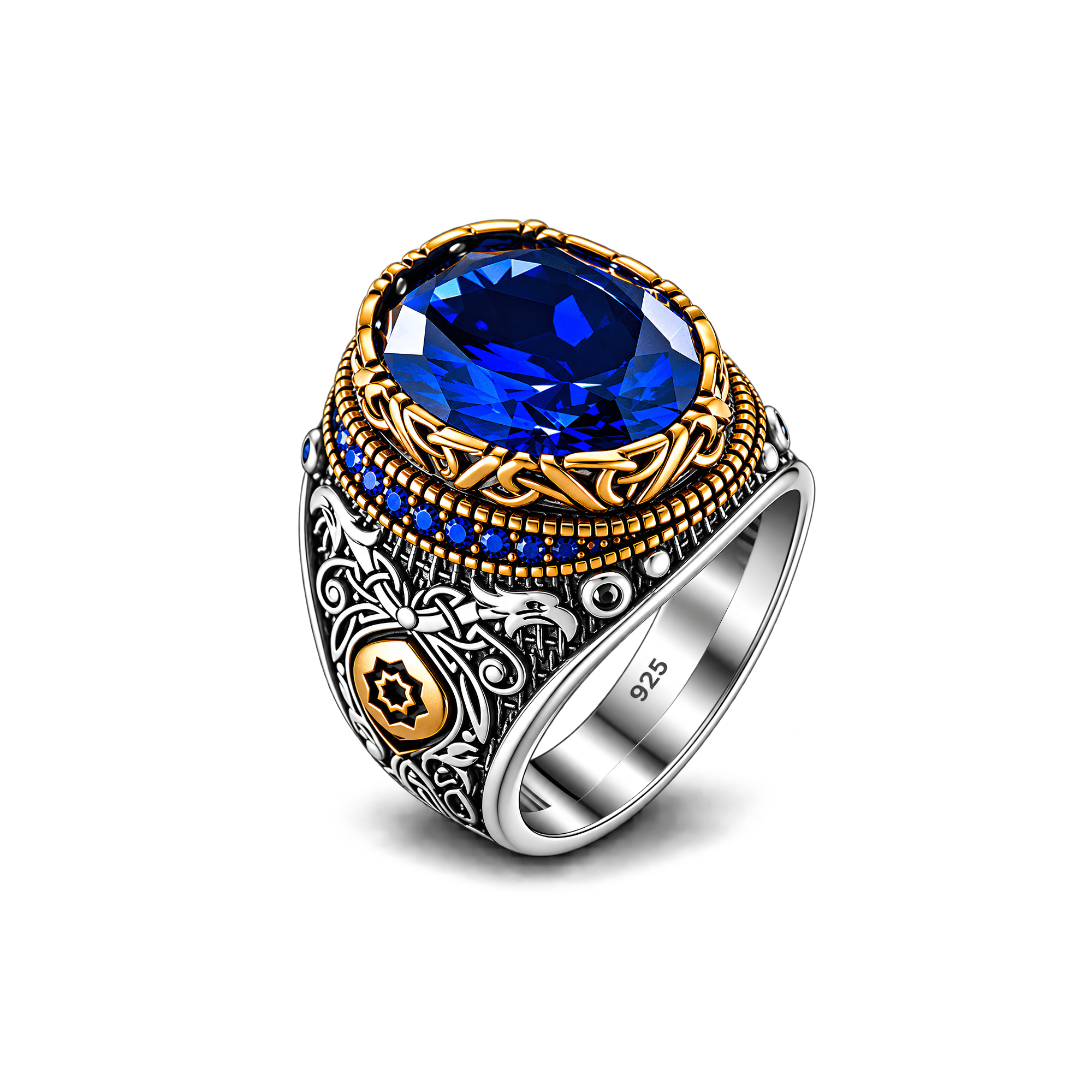Men's Blue Sapphire Ring in 925 Sterling Silver – Handmade Turkish Style Statement Ring