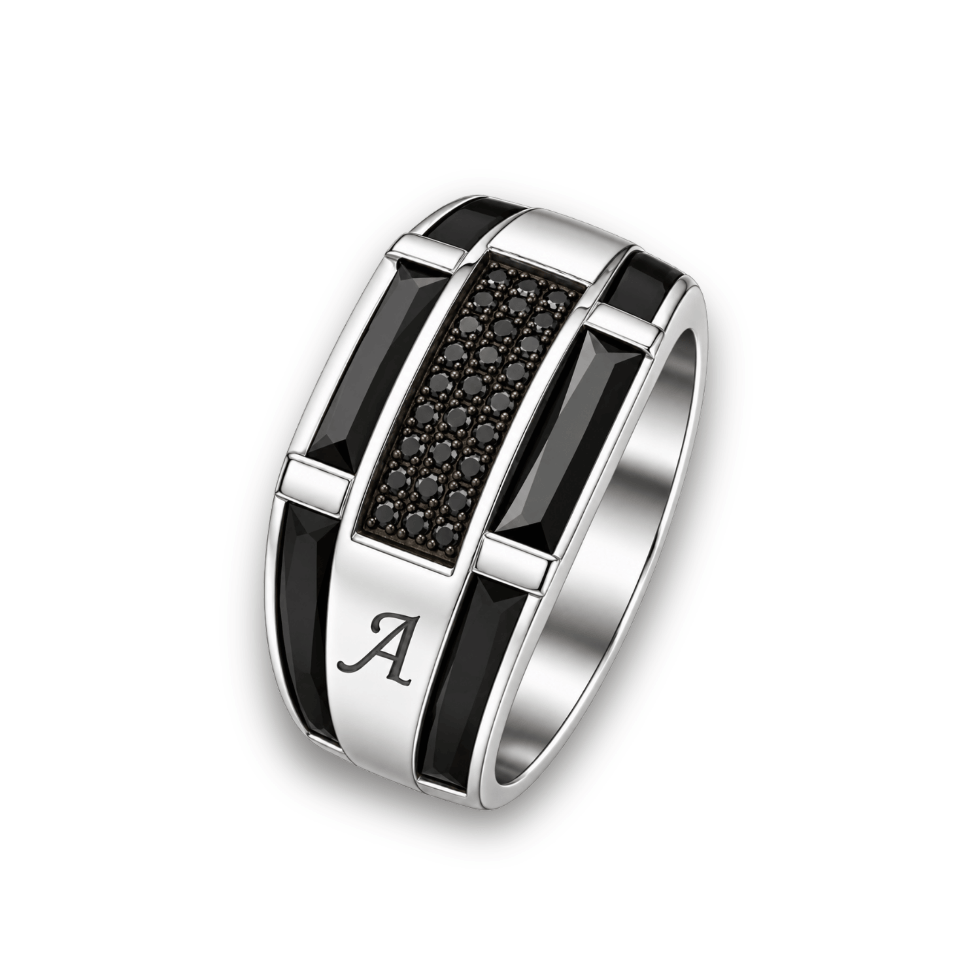 Personalized Men's Black Zircon Ring in 925 Sterling Silver – Handmade Engraved Baguette Signet Ring