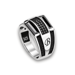 Personalized Men's Black Zircon Ring in 925 Sterling Silver – Handmade Engraved Baguette Signet Ring